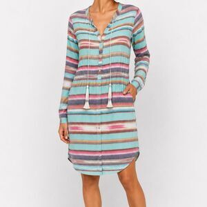 Tasha Polizzi Collection Striped Shirt Dress Medium Boho Tassel Tie 100% Cotton